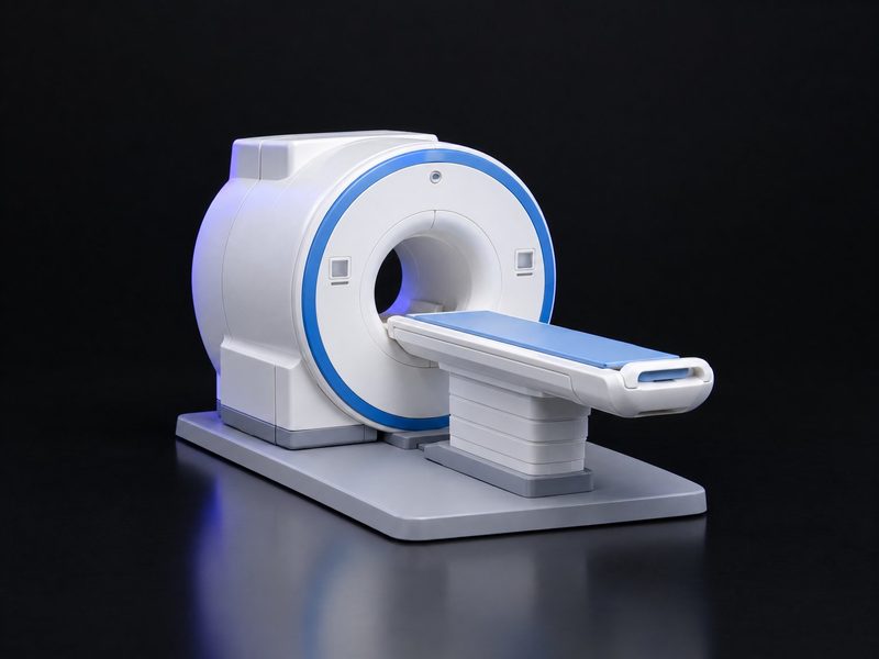 Concept render: MRI in miniature. An MRI scanner with its table, at 1:10.