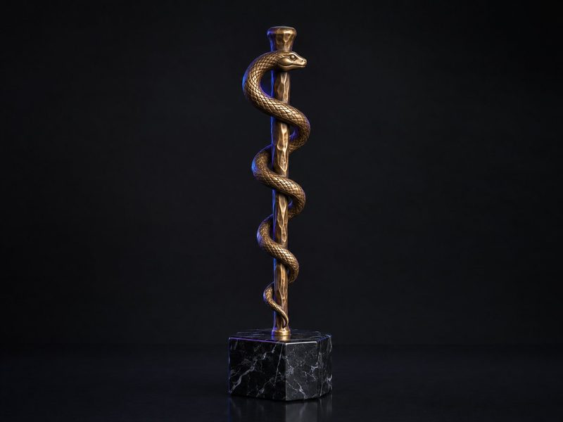 Concept render: Rod of Asclepius. The staff and serpent of medicine, cast as a desk sculpture.