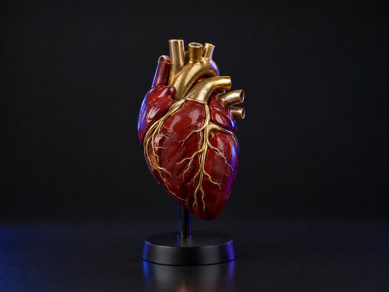 Concept render: Anatomical heart. A stylised anatomical heart on a stand.