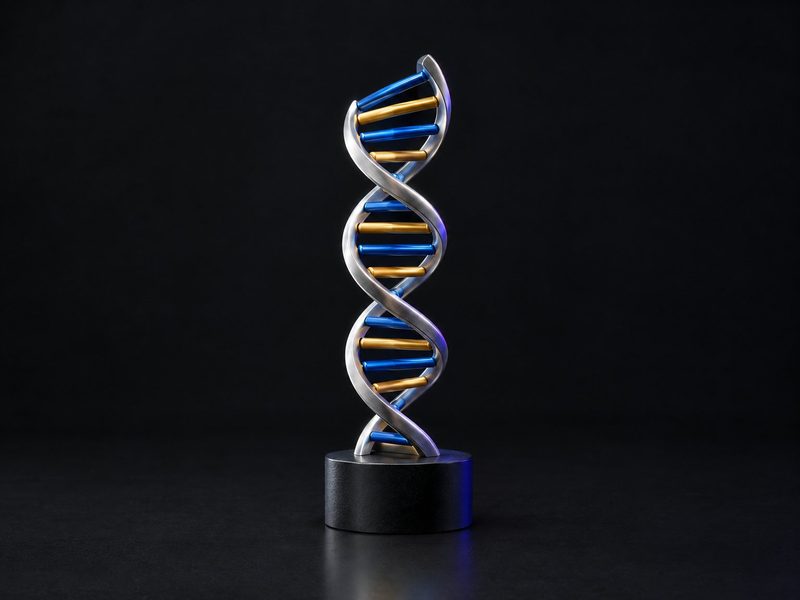Concept render: Double helix. A DNA double helix rising from a plinth.