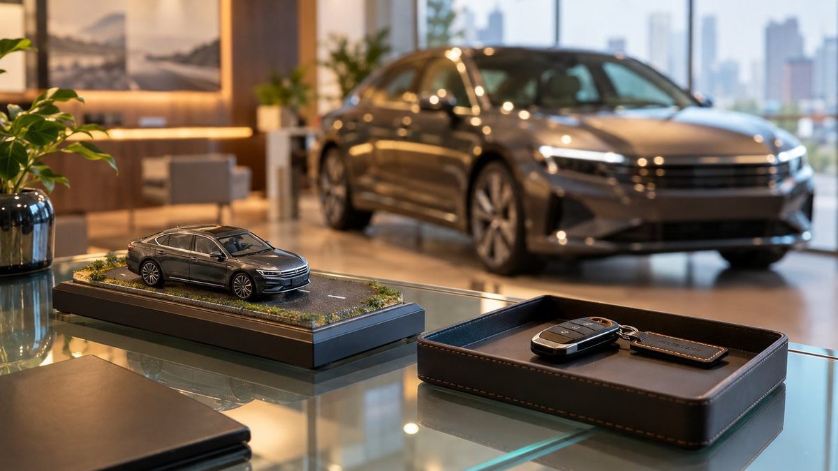 Concept render of a gifting scene: A car showroom delivery corner with a 1:43 model car on a road base and a key tray with a car key on a glass desk, a blurred new sedan with no badges in the background, warm showroom lighting.