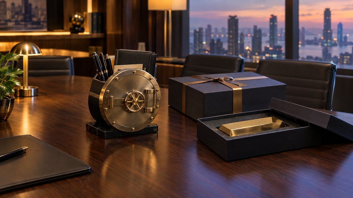 Concept render of a gifting scene: A private-banking meeting room with a round vault-door desk organiser, a gold-look bar paperweight and boxed gifts on a dark walnut table, warm lamps and a city view at dusk.