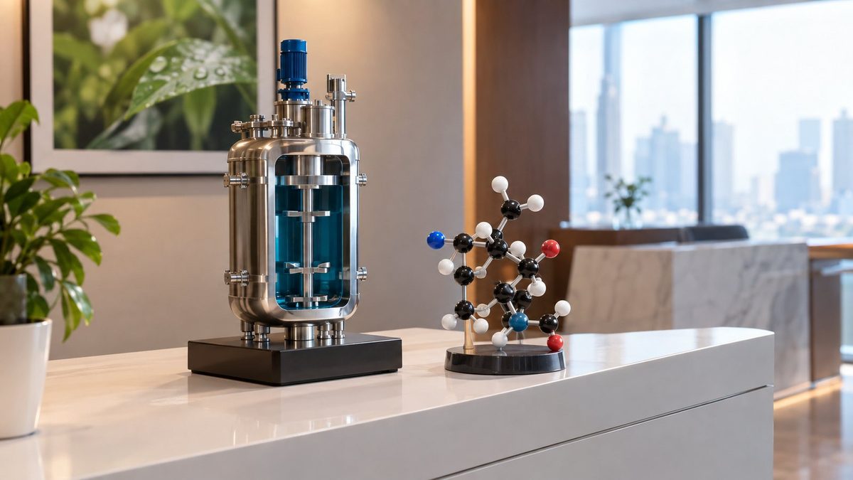 Concept render of a gifting scene: A specialty chemicals company's reception with a reactor cutaway desk piece and a ball-and-stick molecule on a white console, soft daylight, a plant photograph blurred on the wall.