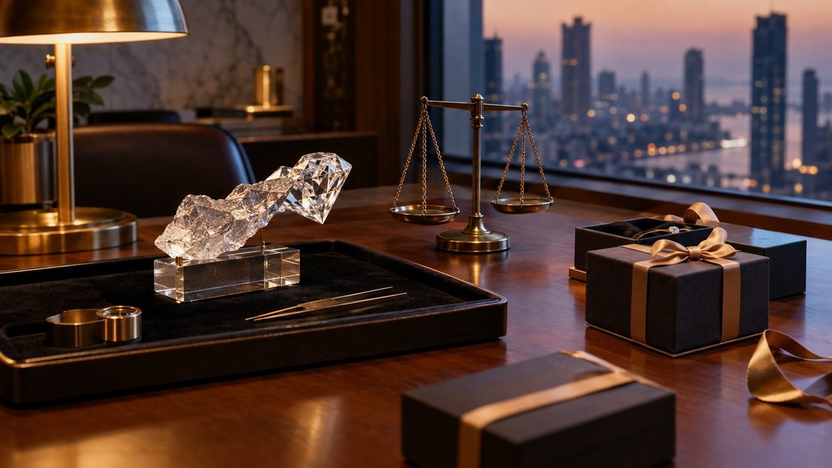 Concept render of a gifting scene: A jeweller's office desk at dusk with a black velvet tray, a clear crystal rough-to-brilliant sculpture, a brass-look balance scale and small gift boxes being prepared, warm lamp light.