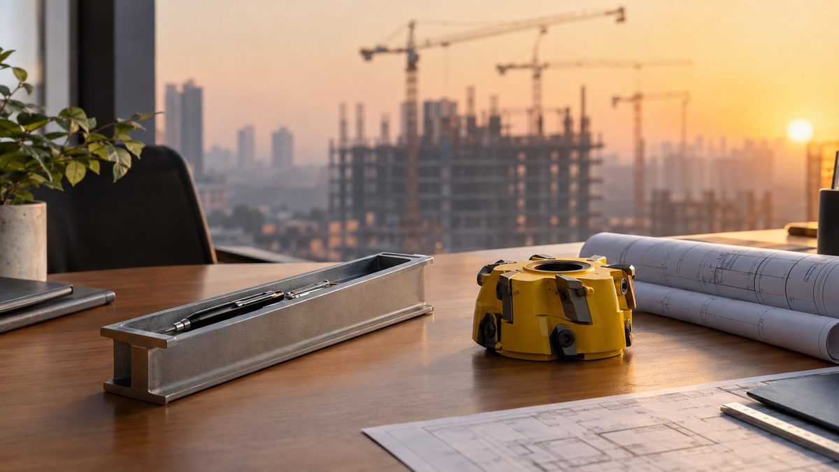 Concept render of a gifting scene: A project office desk with an I-beam pen tray, a yellow cutterhead desk piece and rolled drawings, a construction site with cranes blurred through the window at golden hour.