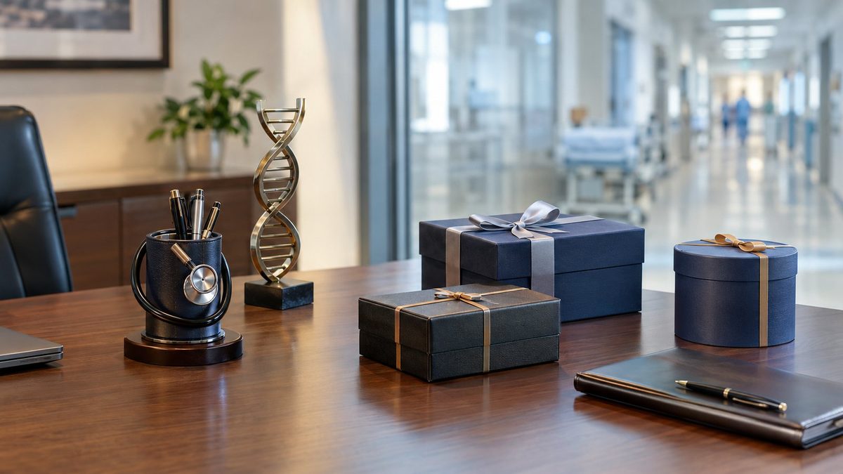 Concept render of a gifting scene: A hospital director's office desk with a stethoscope pen stand, a DNA helix sculpture and a few boxed gifts, soft clinical daylight and a blurred hospital corridor through the glass.