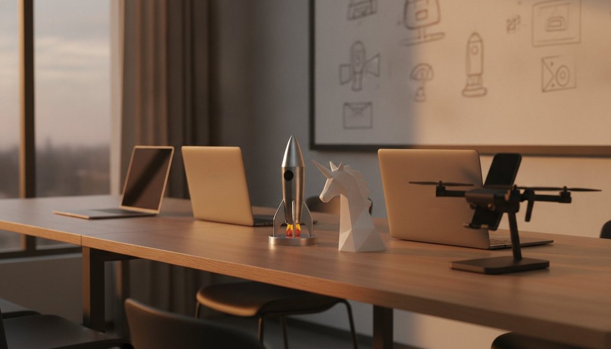 Concept render of a gifting scene: A startup office in Powai with a long shared desk, a launch-day rocket model, a low-poly unicorn trophy and a drone phone stand beside laptops, a whiteboard of product sketches behind and warm evening light.