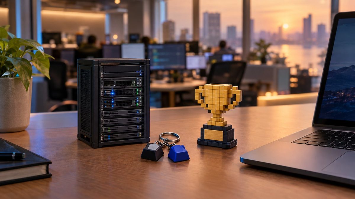 Concept render of a gifting scene: A tech company's open-plan desk in Powai with a miniature server-rack organiser, a keycap keyring and a pixel trophy beside a laptop, blurred colleagues' monitors and warm evening light.