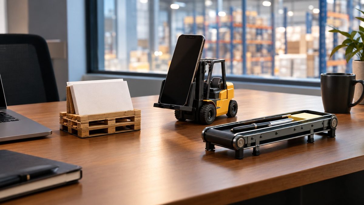 Concept render of a gifting scene: A logistics office desk with a miniature pallet card stand, a forklift phone stand and a small conveyor pen tray, a warehouse with racks softly blurred through an interior window.