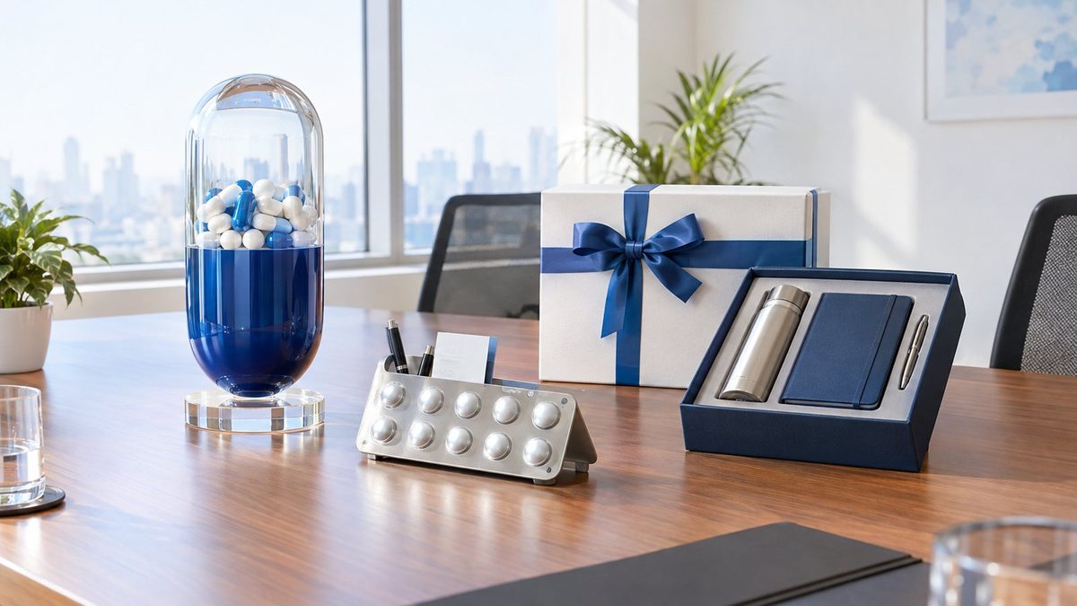 Concept render of a gifting scene: A pharma company's conference table with an oversized clear capsule sculpture, a blister-strip desk tidy and boxed gifts, bright clean daylight and white walls.