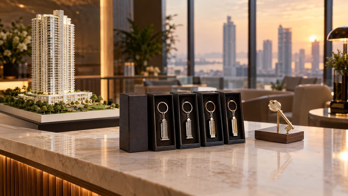 Concept render of a gifting scene: A sales-gallery reception desk in a premium Mumbai residential project, a miniature white tower model and a row of boxed tower keyrings ready for buyers, a possession key on a small stand, warm evening light through tall glass.