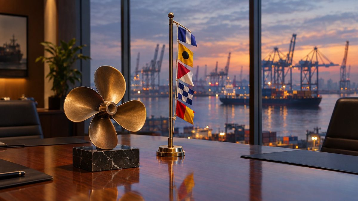 Concept render of a boardroom table overlooking a container port at dusk, with a bronze-look four-blade propeller sculpture on a dark marble-look block and a desk mast flying five maritime signal flags, gantry cranes and a container ship beyond the glass