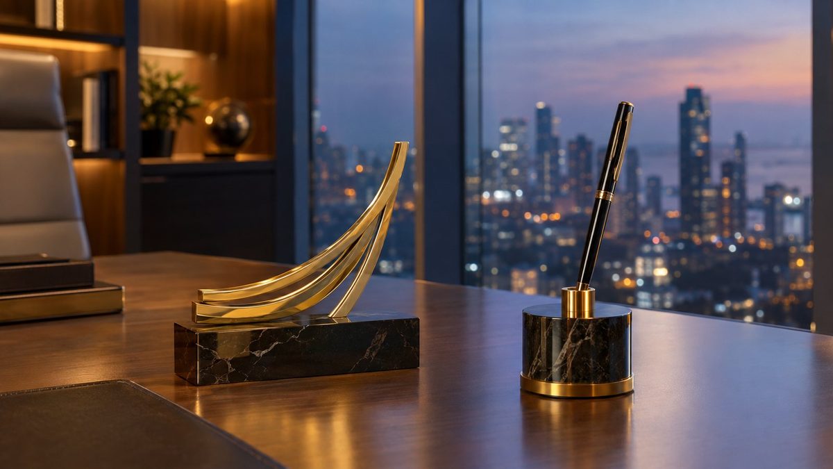 Concept render of a gifting scene: A wealth manager's glass-walled cabin with a champagne-gold compounding-curve sculpture and a candlestick pen stand on the desk, city lights blurred outside the window at dusk.