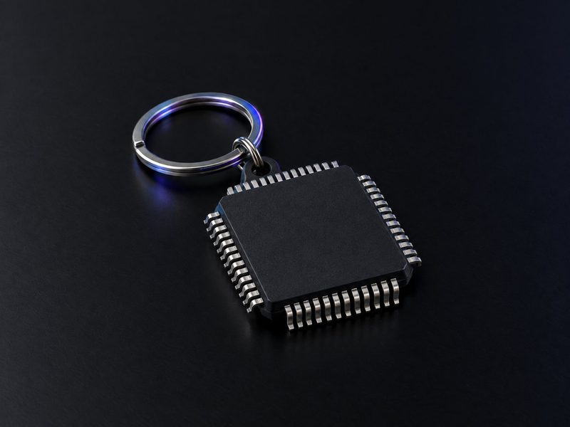 Concept render: Microchip keyring. An oversized microchip with its pins, the name on the chip.