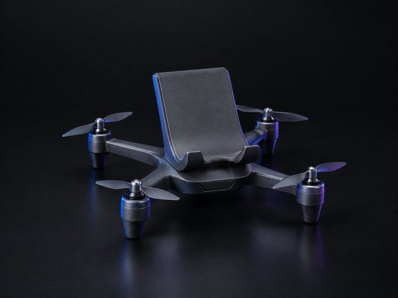 Concept render: Drone phone stand. A quadcopter whose arms and rotors cradle the phone.