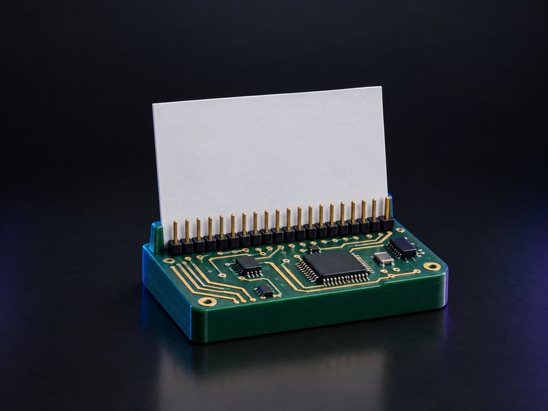 Concept render: Circuit-board card holder. A circuit board whose header pins hold your visiting cards.