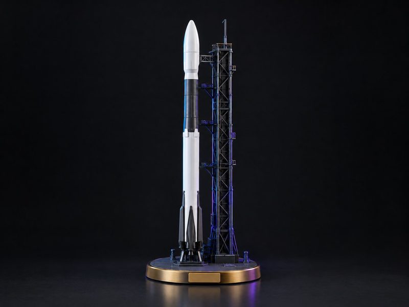 Concept render: Launch-day rocket. A rocket on its launch tower, the launch date on the pad.