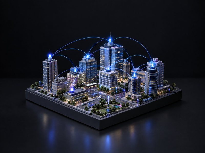 Concept render: Connected city. A city block where every device glows and mesh links arc between rooftops.