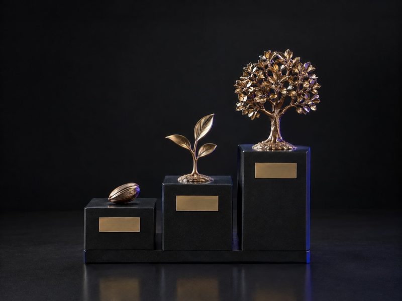 Concept render: Seed to Series. A seed, a sapling and a tree on three plinths, each marked with a funding round.