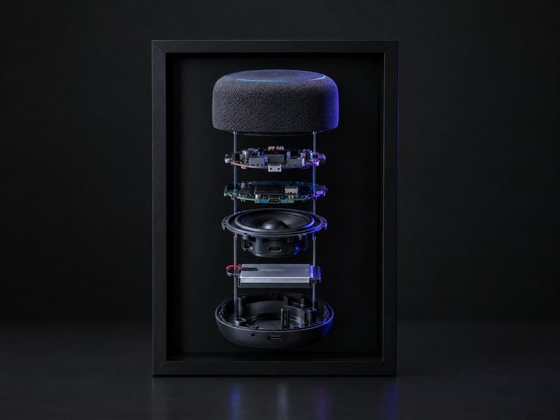 Concept render: Teardown frame. A smart device exploded into its layers, floating in a shadow box.