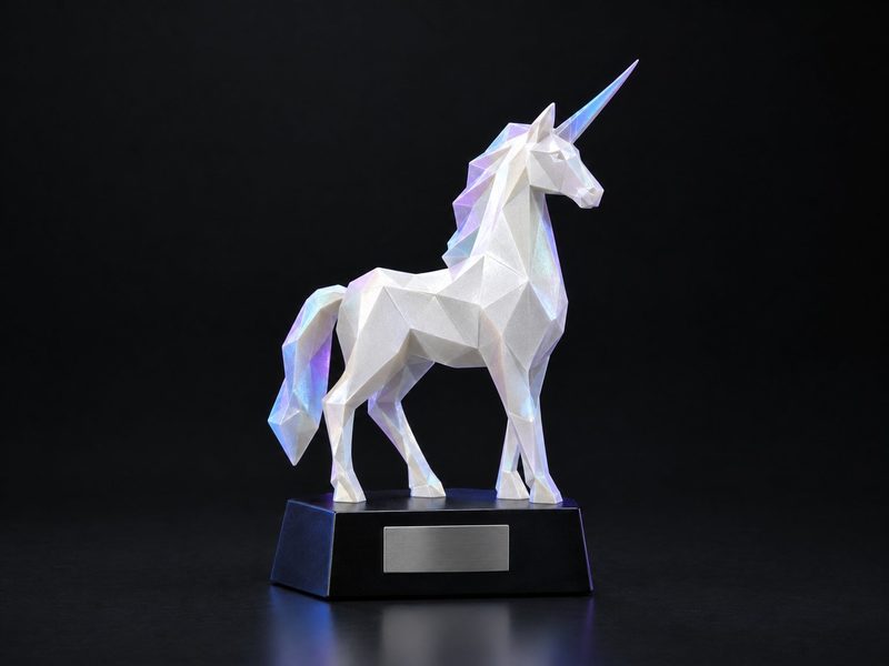 Concept render: Unicorn trophy. A low-poly unicorn on a plinth, for the round that made you one.