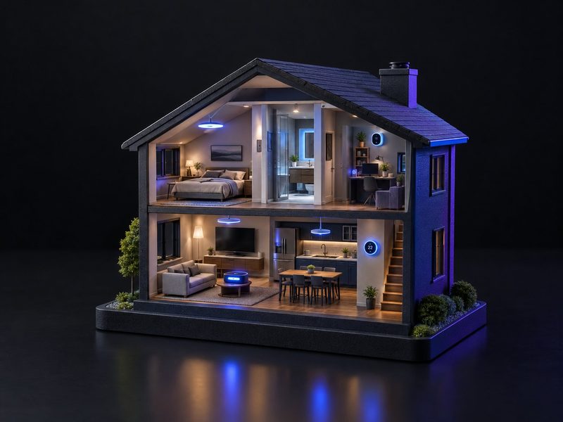 Concept render: Smart home cutaway. A cutaway home with every connected device lit: hub, camera, thermostat.