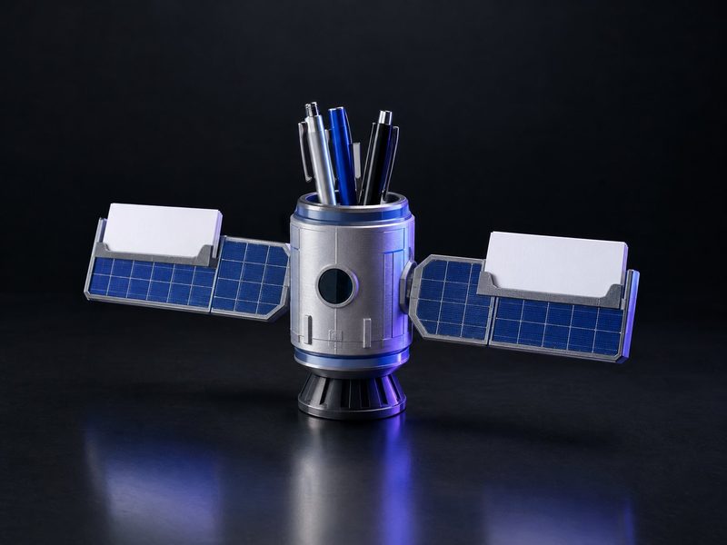 Concept render: Satellite organiser. A satellite whose solar wings hold cards and whose body holds pens.