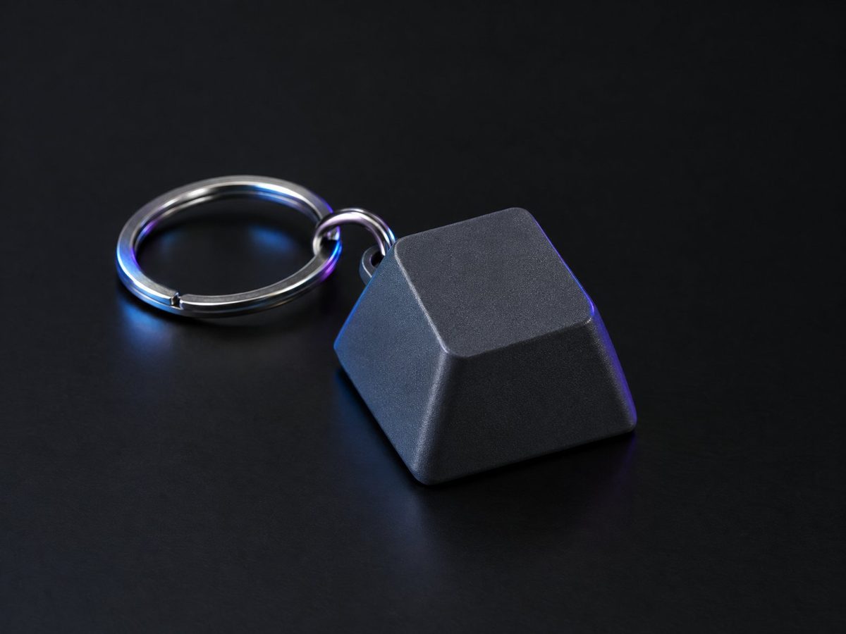 Concept render of an oversized charcoal keyboard keycap on a steel split ring, its blank top left for a name, on a dark surface
