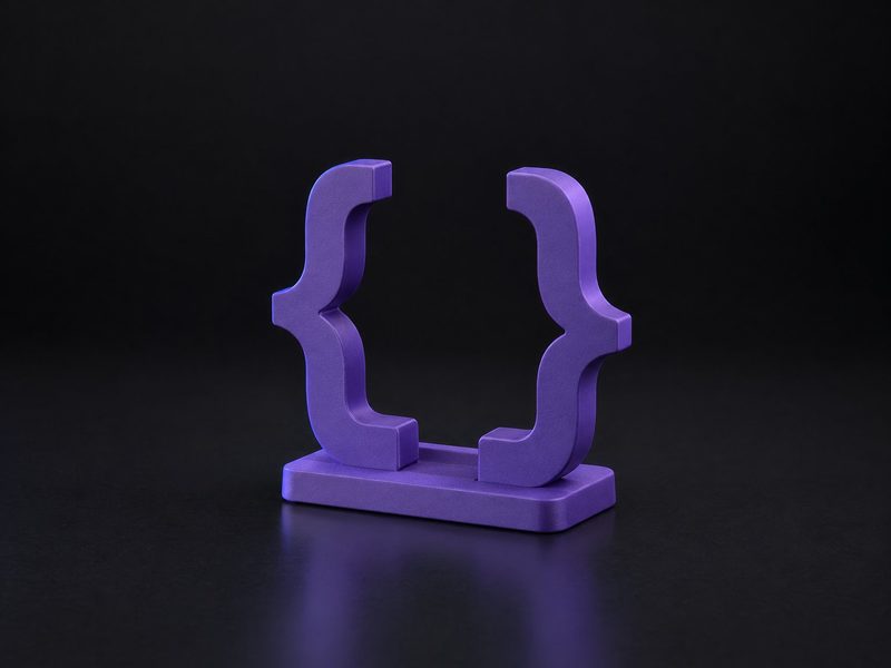 Concept render: Code-bracket phone stand. Curly braces that hold the phone between them.
