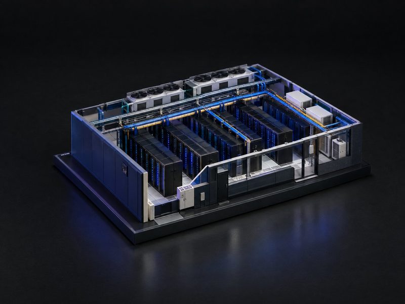 Concept render: Data centre in miniature. A data hall at 1:50, rack rows lit blue, the roof lifted.