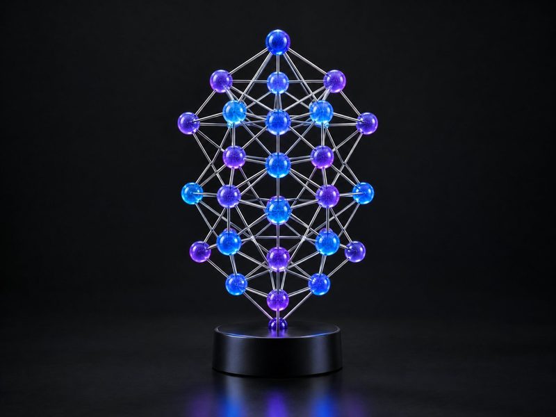 Concept render: Neural network. Nodes and connections as a glowing 3D lattice.