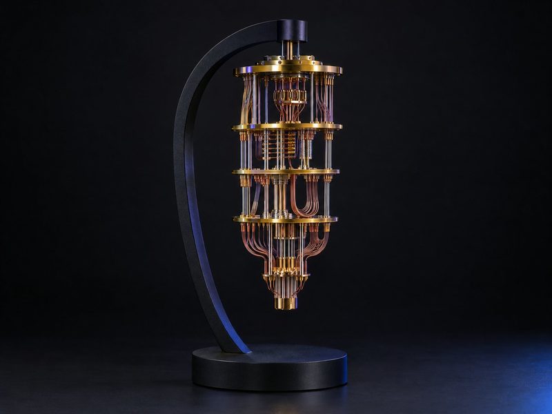 Concept render: Quantum chandelier. The gold tiers of a quantum computer, as a hanging-style sculpture.