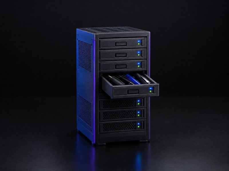 Concept render: Server-rack organiser. A miniature server rack whose bays are drawers, status lights in your colours.