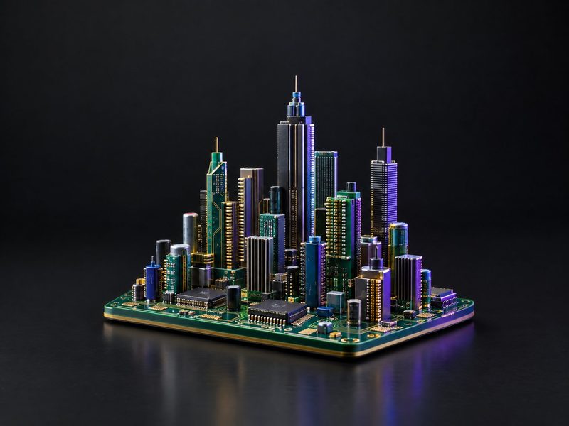 Concept render: Circuit city. A circuit board where the chips rise into a city skyline.