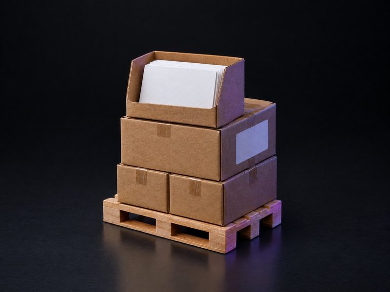 Concept render: Pallet card stand. A miniature pallet and cartons, cards in the top one.