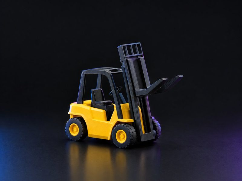 Concept render: Forklift phone stand. A forklift whose forks hold the phone upright.
