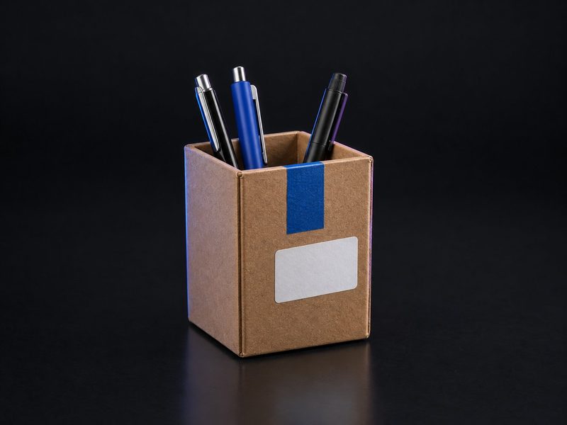Concept render: Parcel pen pot. A taped parcel box that holds pens and cables.