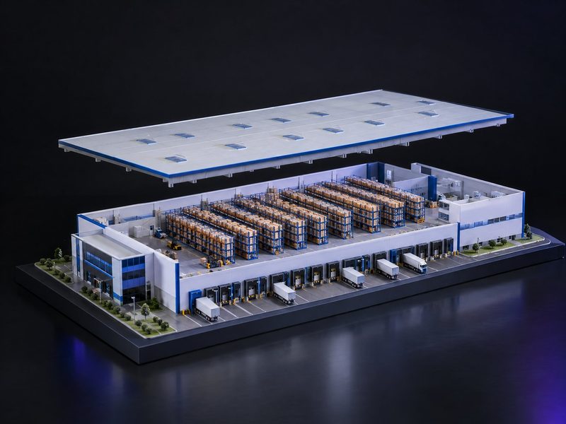 Concept render: Hub cutaway. Your warehouse at 1:200, the roof lifted to show racks and docks.