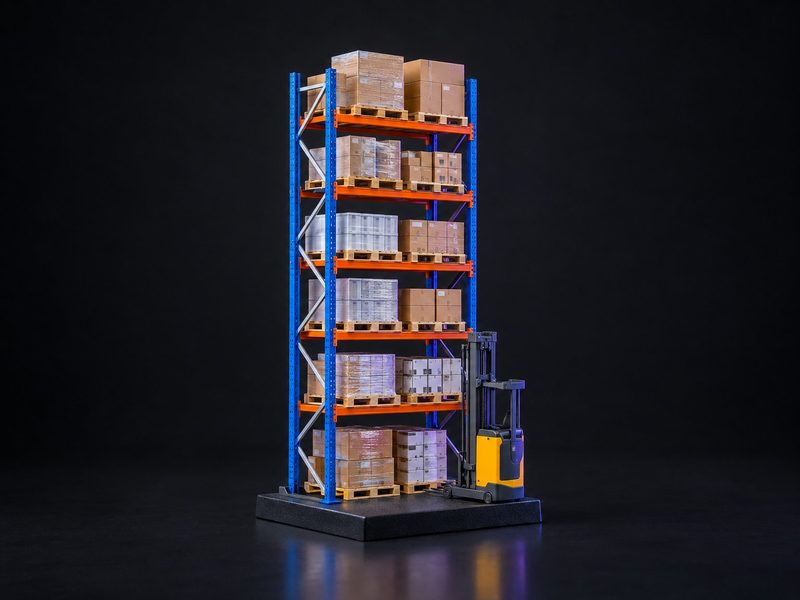 Concept render: Racking tower. A high-bay rack section at 1:50, pallets loaded, a reach truck at its foot.