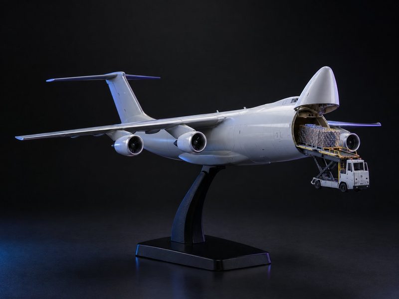Concept render: Freighter, nose open. A cargo aircraft with its nose door open and a pallet going in.