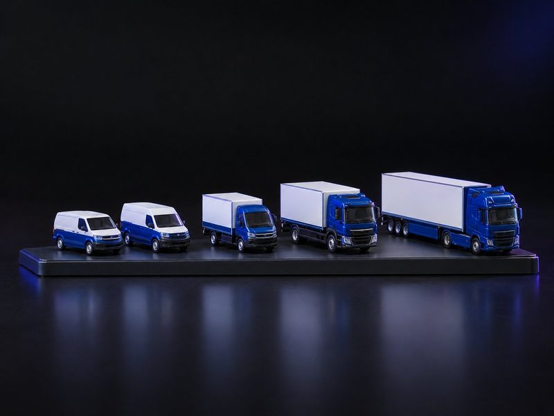 Concept render: Fleet in miniature. Your trucks and vans lined up in your livery, on one long base.