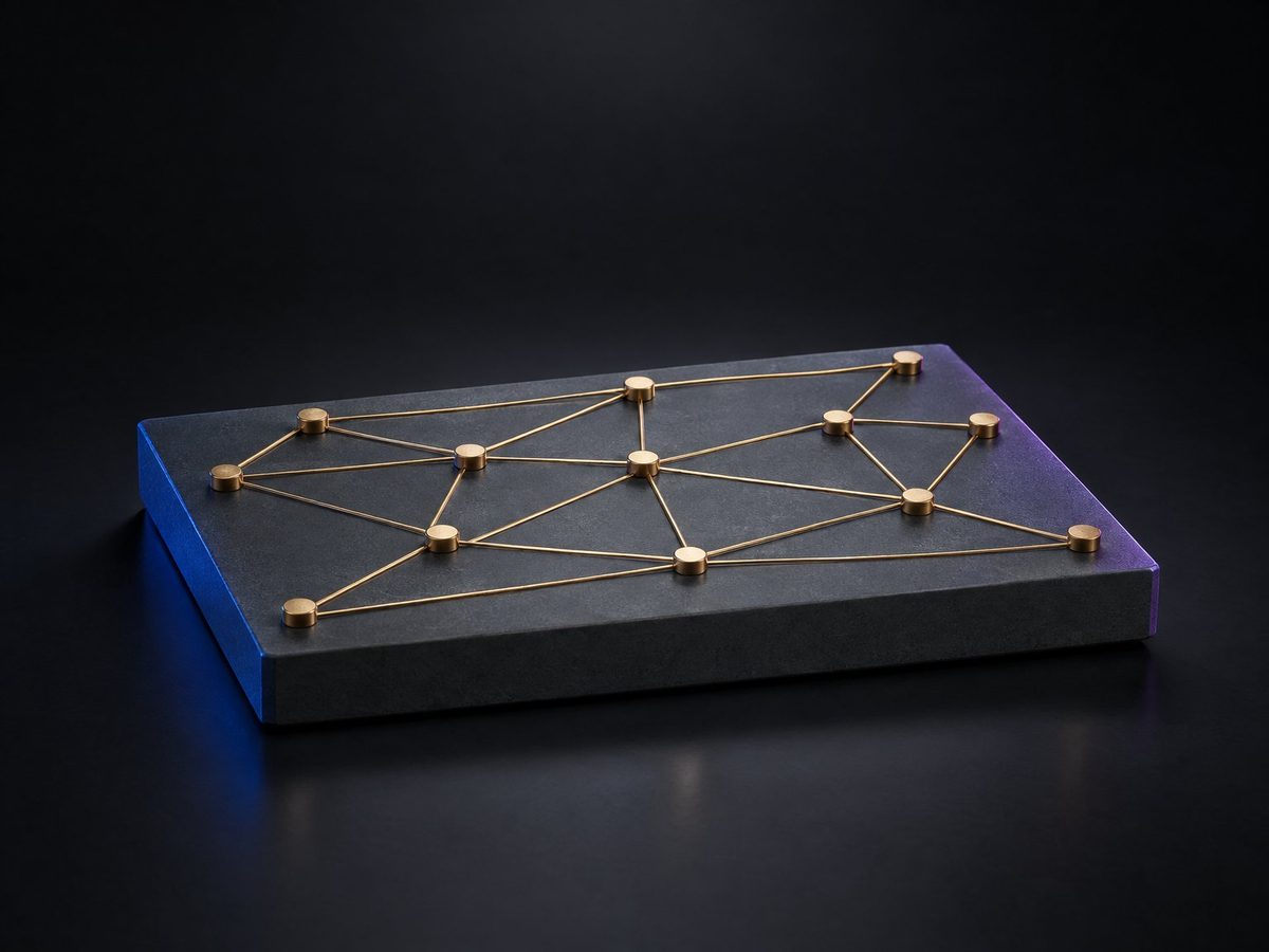 Concept render of a graphite-grey desk slab with an abstract network on top: raised gold-look hub pins joined by thin gold-look route lines, with no map or country outlines