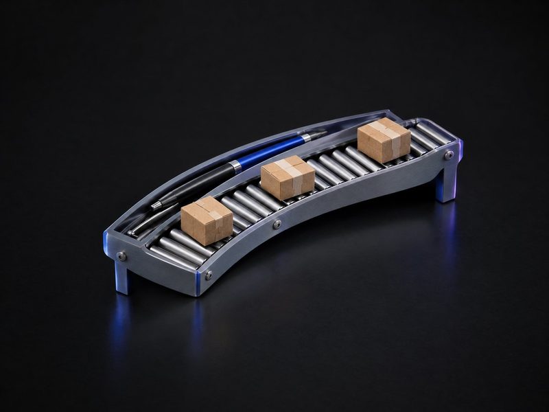 Concept render: Conveyor pen tray. A curved roller conveyor carrying tiny parcels, with room for pens.