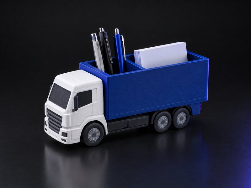 Concept render: Truck organiser. A box truck whose cargo body holds pens, cards and clips.