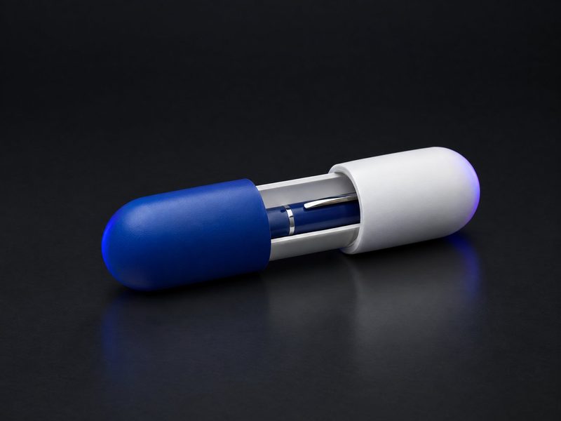 Concept render: Capsule pen case. A two-tone capsule that opens to hold a pen.