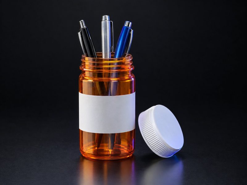 Concept render: Pill-bottle pen pot. An amber medicine bottle as a pen pot.