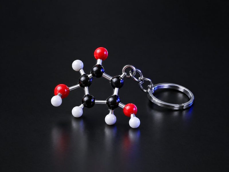 Concept render: Molecule keyring. A small ball-and-stick molecule on a key ring.