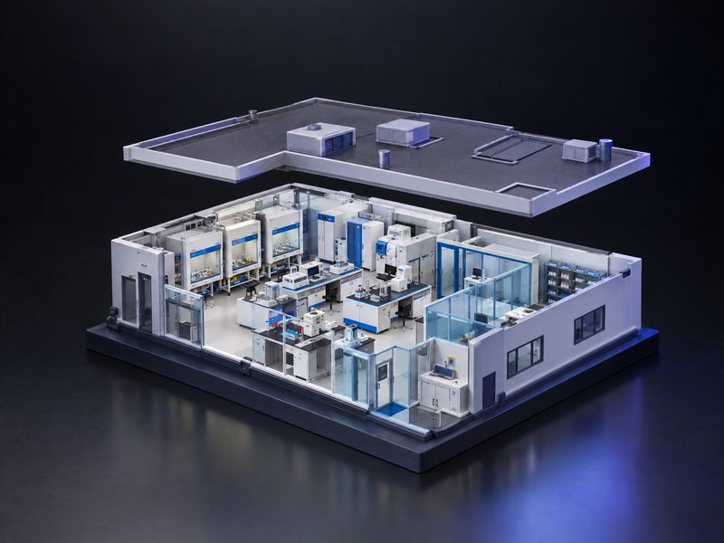 Concept render: Lab in miniature. A research lab at 1:25, the roof lifted off.