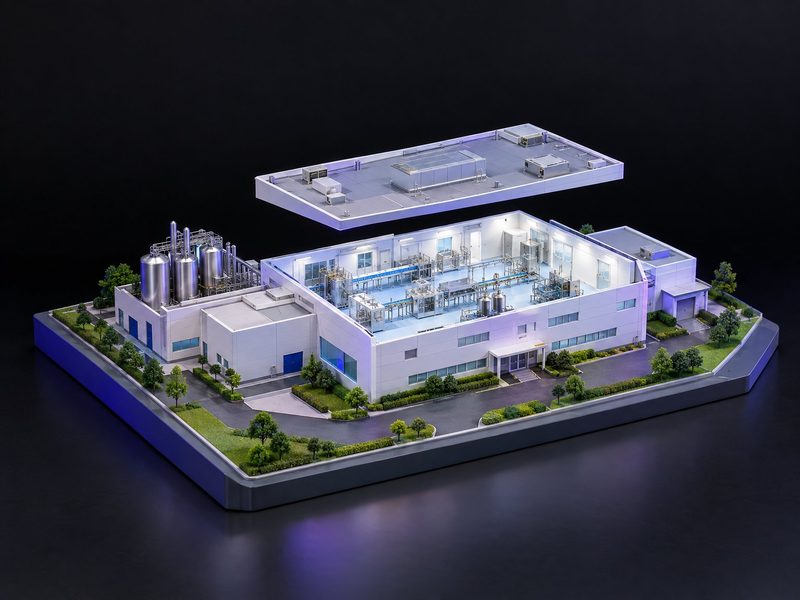 Concept render: Your plant in miniature. Your manufacturing plant with the clean-room roof lifted.