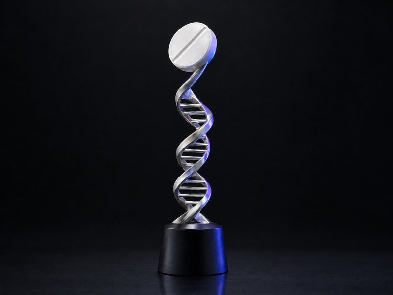 Concept render: Helix to tablet. A DNA helix that flows into a single tablet at the top.